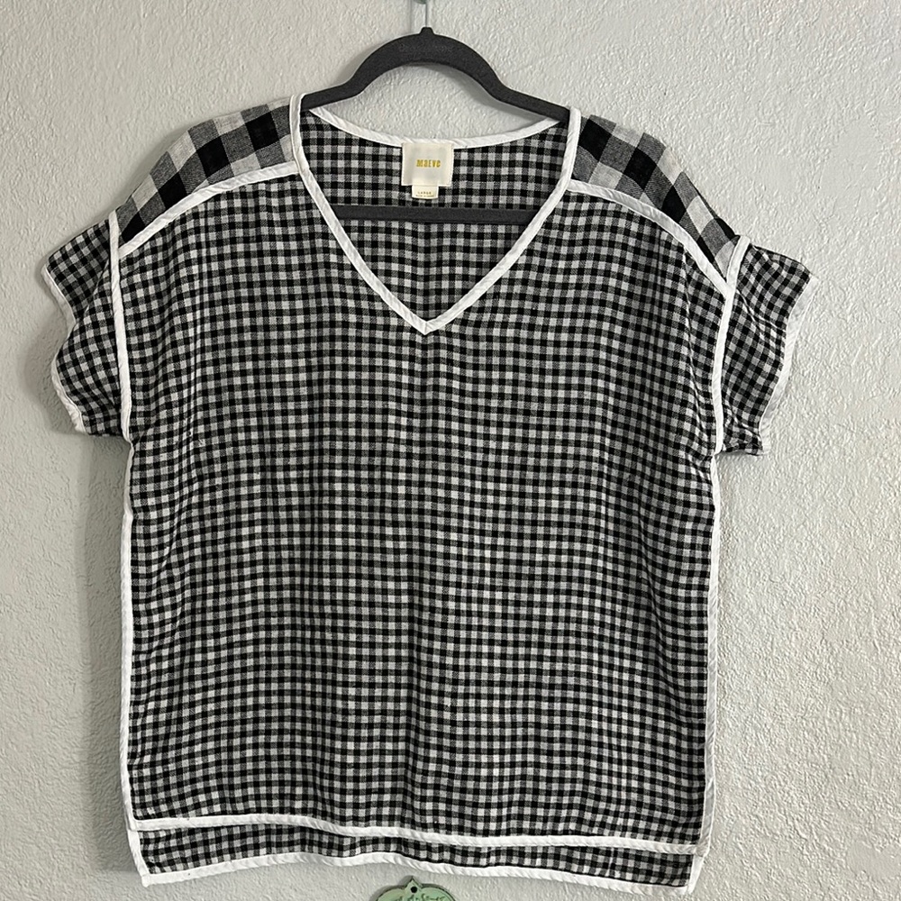 Maeve from Anthropologie Black and White Checkered Blouse Size L